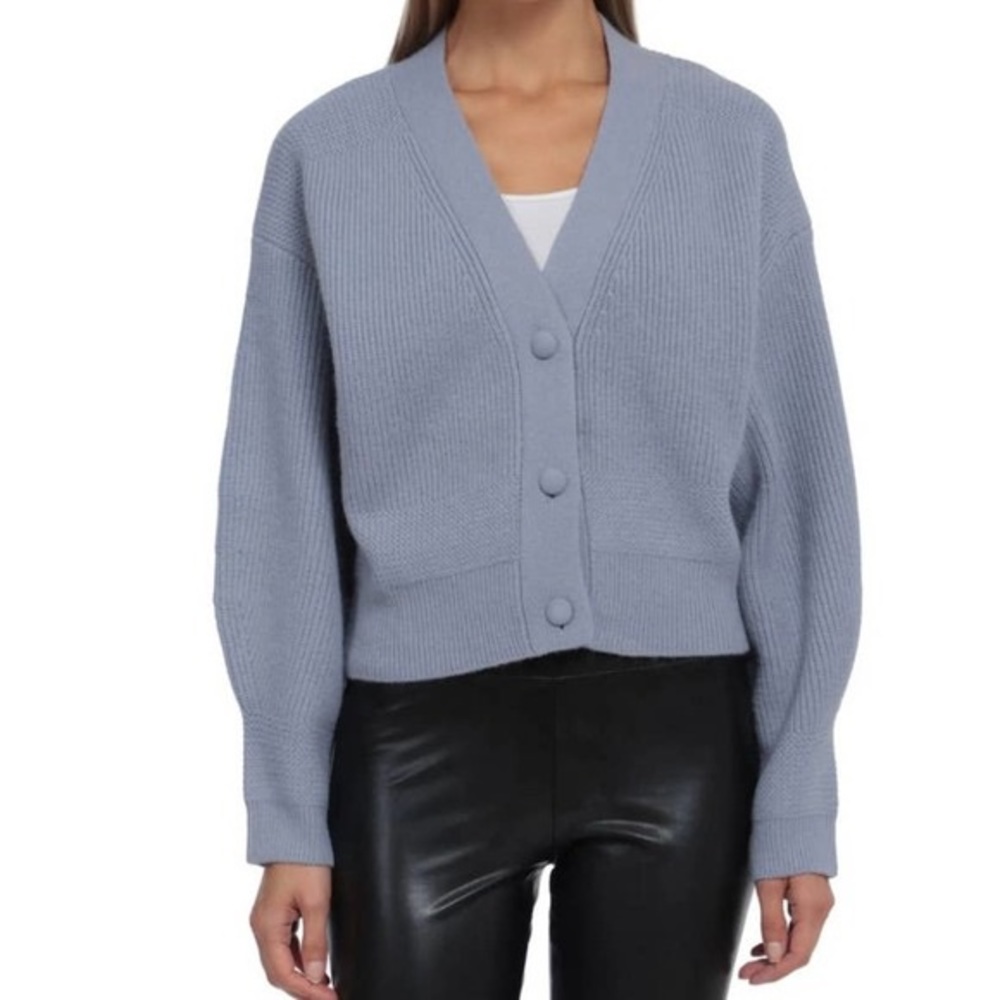 Avec Les Filles Mineral Blue Cardigan Sweater Women medium Ballon Sleeve Knit